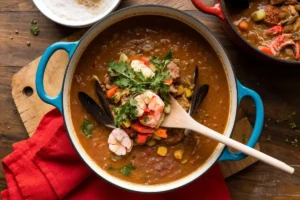 Bowl of Seafood Gumbo with shrimp and crab, garnished with green onions and served over rice