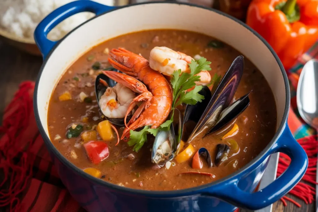 Bowl of Seafood Gumbo with shrimp and crab, garnished with green onions and served over rice