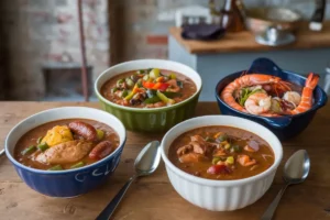 Bowl of Seafood Gumbo with shrimp and crab, garnished with green onions and served over rice