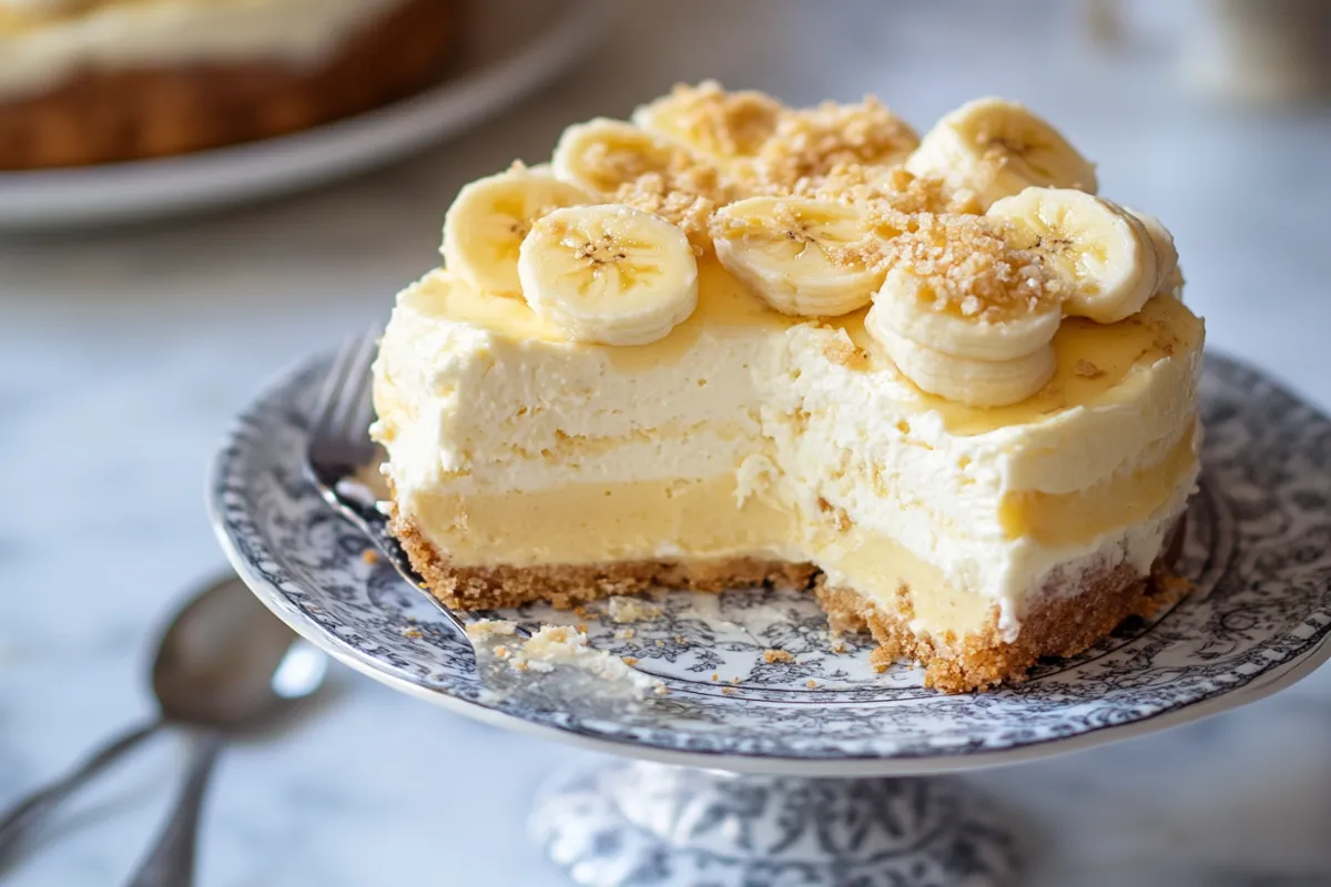 "Close-up of a creamy banana pudding cheesecake topped with whipped cream, banana slices, and vanilla wafer crumbs."