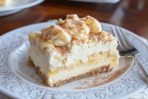 "Close-up of a creamy banana pudding cheesecake topped with whipped cream, banana slices, and vanilla wafer crumbs."

