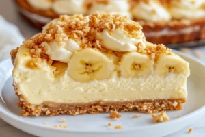 "Close-up of a creamy banana pudding cheesecake topped with whipped cream, banana slices, and vanilla wafer crumbs."

