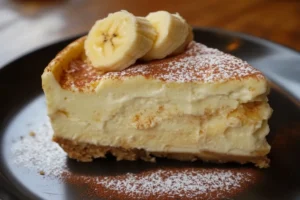 "Close-up of a creamy banana pudding cheesecake topped with whipped cream, banana slices, and vanilla wafer crumbs."

