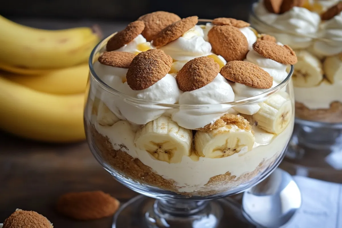 A creamy banana pudding layered with sliced bananas and graham crackers in a glass dish, topped with whipped cream.