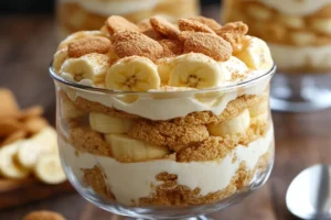 A creamy banana pudding layered with sliced bananas and graham crackers in a glass dish, topped with whipped cream.

