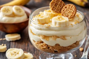 A creamy banana pudding layered with sliced bananas and graham crackers in a glass dish, topped with whipped cream.

