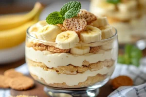 A creamy banana pudding layered with sliced bananas and graham crackers in a glass dish, topped with whipped cream.

