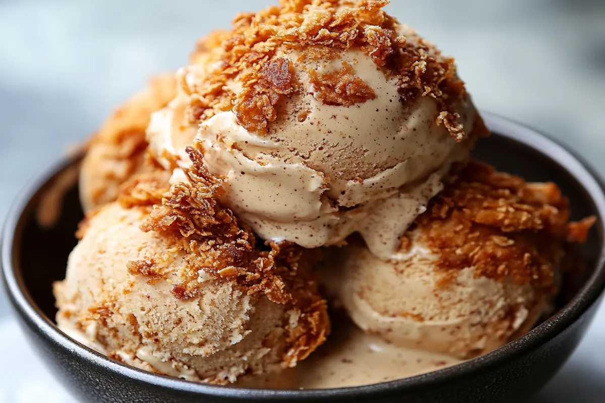 Fried chicken ice cream dessert featuring a crispy cornflake coating and vanilla ice cream, resembling a fried chicken drumstick.