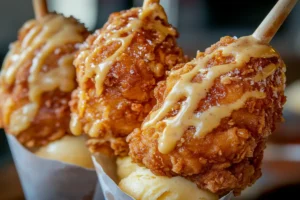 Fried chicken ice cream dessert featuring a crispy cornflake coating and vanilla ice cream, resembling a fried chicken drumstick.