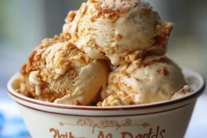 Fried chicken ice cream dessert featuring a crispy cornflake coating and vanilla ice cream, resembling a fried chicken drumstick.

