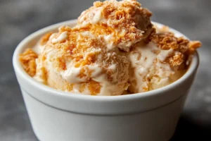 Fried chicken ice cream shaped like a drumstick, featuring vanilla ice cream, a white chocolate coating, and crushed cornflakes.