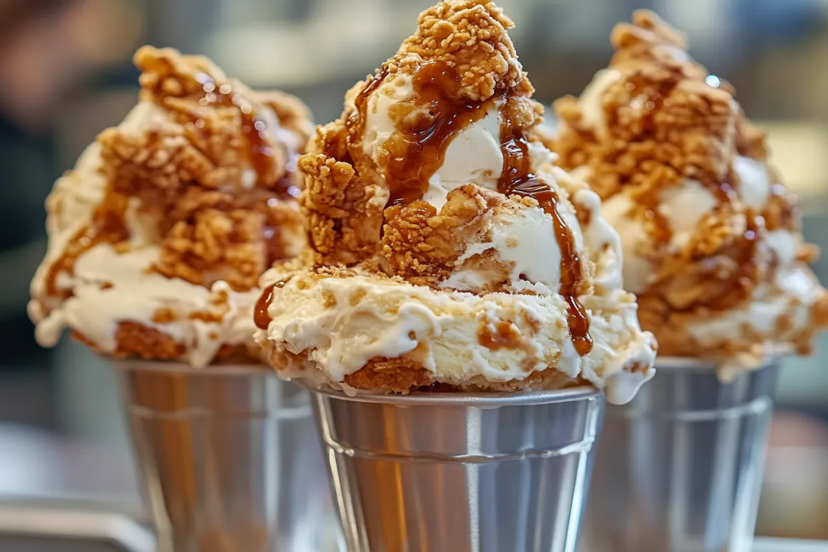 Fried chicken ice cream shaped like a drumstick, featuring vanilla ice cream, a white chocolate coating, and crushed cornflakes.