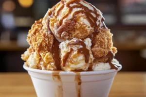 Fried chicken ice cream shaped like a drumstick, featuring vanilla ice cream, a white chocolate coating, and crushed cornflakes.