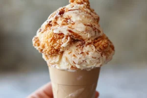 Fried chicken ice cream shaped like a drumstick, featuring vanilla ice cream, a white chocolate coating, and crushed cornflakes.