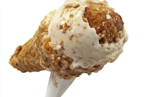 Where can I buy not fried chicken ice cream at Walmart? 4 A close-up of not fried chicken ice cream, featuring a vanilla ice cream core with a white chocolate and cornflake coating shaped like a drumstick.
