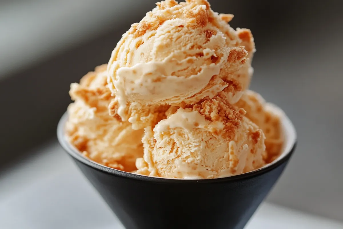 A close-up of not fried chicken ice cream showing its vanilla ice cream core and crunchy cornflake coating, mimicking fried chicken.