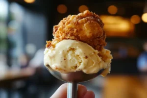 A close-up of not fried chicken ice cream showing its vanilla ice cream core and crunchy cornflake coating, mimicking fried chicken.

