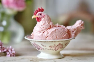 Close-up of chicken ice cream with a crunchy cornflake crust and creamy vanilla ice cream inside, mimicking fried chicken.