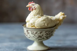 Close-up of chicken ice cream with a crunchy cornflake crust and creamy vanilla ice cream inside, mimicking fried chicken.