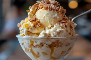 Close-up of chicken ice cream with a crunchy cornflake crust and creamy vanilla ice cream inside, mimicking fried chicken.