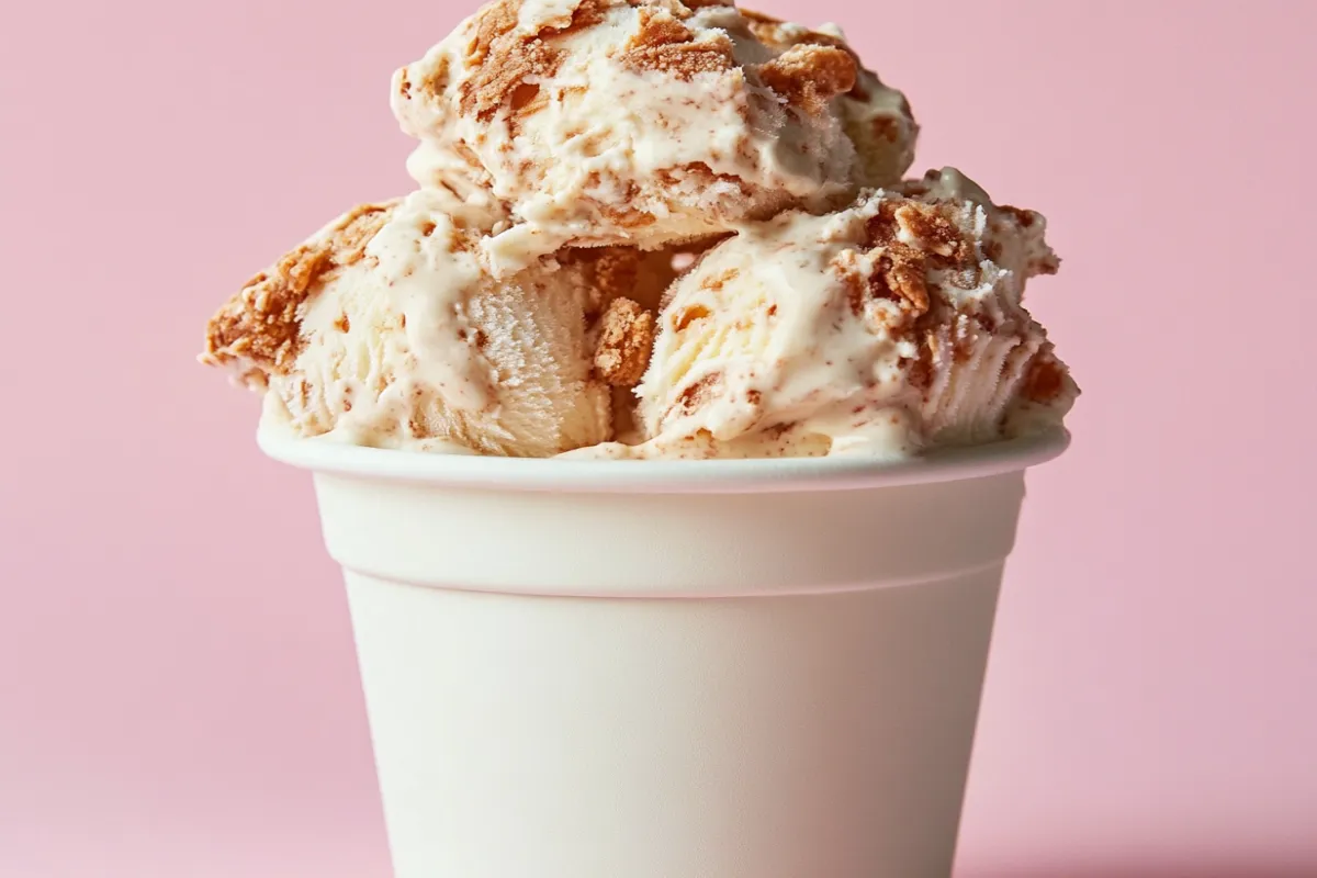 Close-up of chicken ice cream with a crunchy cornflake crust and creamy vanilla ice cream inside, mimicking fried chicken.