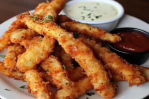 "Crispy chicken fries served with dipping sauces like BBQ, ranch, and honey mustard."

