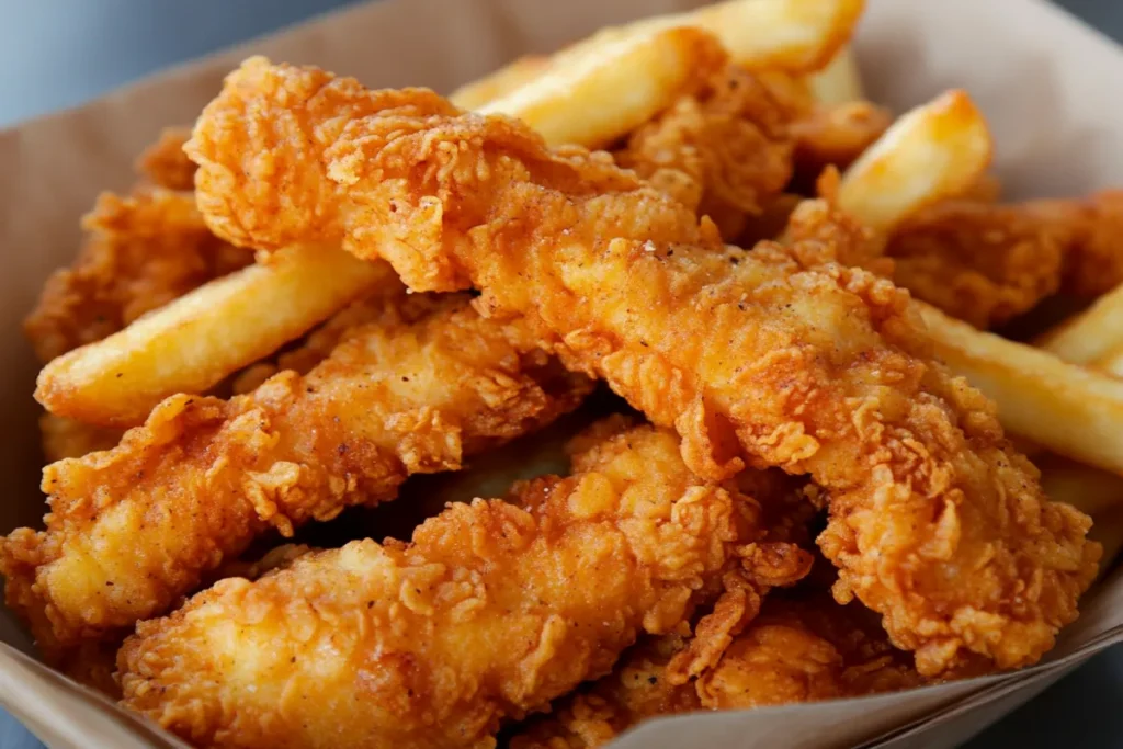 Comparison of chicken fries and chicken tenders showing shape, texture, and flavor differences