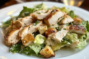 "Freshly made Chicken Caesar Salad with grilled chicken, crispy croutons, Parmesan cheese, and Caesar dressing on a white plate." 