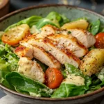 "Freshly made Chicken Caesar Salad with grilled chicken, crispy croutons, Parmesan cheese, and Caesar dressing on a white plate."