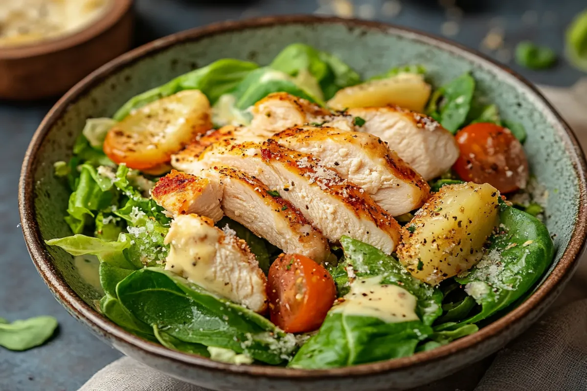 "Freshly made Chicken Caesar Salad with grilled chicken, crispy croutons, Parmesan cheese, and Caesar dressing on a white plate."