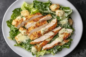 "Freshly made Chicken Caesar Salad with grilled chicken, crispy croutons, Parmesan cheese, and Caesar dressing on a white plate." 