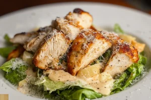 "Freshly made Chicken Caesar Salad with grilled chicken, crispy croutons, Parmesan cheese, and Caesar dressing on a white plate." 