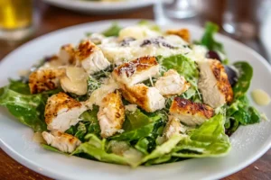 A freshly made chicken Caesar salad with romaine lettuce, grilled chicken, Parmesan cheese, croutons, and a creamy Caesar dressing