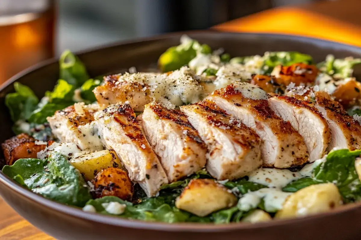 A freshly made chicken Caesar salad with romaine lettuce, grilled chicken, Parmesan cheese, croutons, and a creamy Caesar dressing