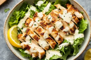 A healthy chicken Caesar salad with romaine lettuce, grilled chicken, croutons, and dressing in a bowl