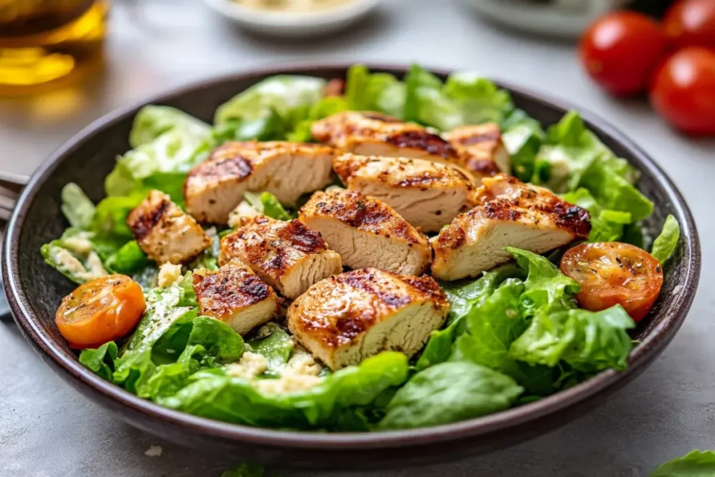 A healthy chicken Caesar salad with romaine lettuce, grilled chicken, croutons, and dressing in a bowl