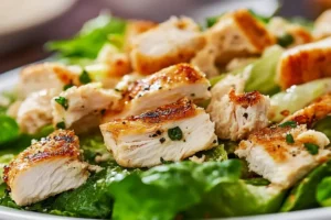 A healthy chicken Caesar salad with romaine lettuce, grilled chicken, croutons, and dressing in a bowl