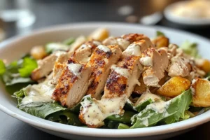 A healthy chicken Caesar salad with romaine lettuce, grilled chicken, croutons, and dressing in a bowl