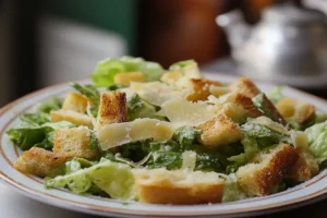 A bowl of Gordon Ramsay's Caesar salad with romaine lettuce, homemade croutons, and freshly grated Parmesan cheese.