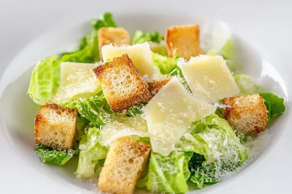 A bowl of Gordon Ramsay's Caesar salad with romaine lettuce, homemade croutons, and freshly grated Parmesan cheese.