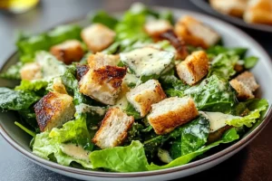 A bowl of Caesar salad with fresh romaine lettuce, Parmesan cheese, croutons, and creamy Caesar dressing