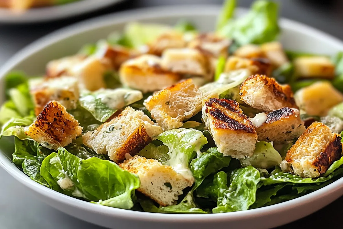 A bowl of Gordon Ramsay's Caesar salad with romaine lettuce, homemade croutons, and freshly grated Parmesan cheese.