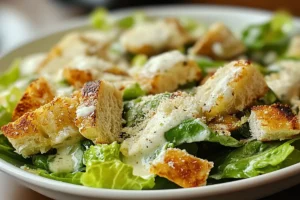 A bowl of Gordon Ramsay's Caesar salad with romaine lettuce, homemade croutons, and freshly grated Parmesan cheese.