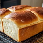 "Soft and fluffy sourdough sandwich bread loaf cooling on a wire rack"