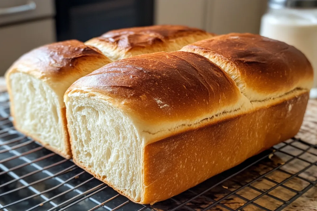 "Soft and fluffy sourdough sandwich bread loaf cooling on a wire rack"