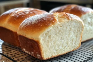 "Soft and fluffy sourdough sandwich bread loaf cooling on a wire rack" 