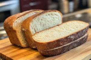 "Soft and fluffy sourdough sandwich bread loaf cooling on a wire rack" 