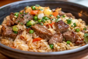 "Steak fried rice with tender beef, vegetables, and jasmine rice in a skillet, garnished with green onions"