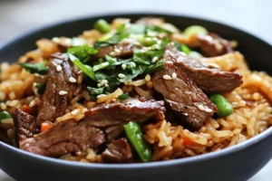 "Steak fried rice with tender beef, vegetables, and jasmine rice in a skillet, garnished with green onions"