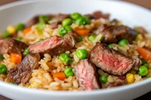 "Steak fried rice with tender beef, vegetables, and jasmine rice in a skillet, garnished with green onions"